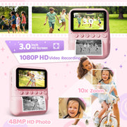 TIATUA Instant Film Camera, Digital HD 1080P, 3-Inch Screen, 10x Optical Zoom, Ink-Free Instant Black and White Printing, Blue, Includes 32GB Card and Printing Paper