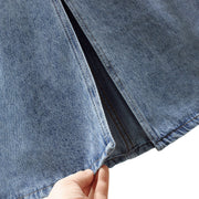 Elegantia Goods Women's High-Waisted Denim Midi Skirt with Front Slit, Blue, Stretchy Fabric