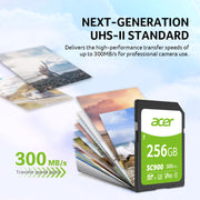 Acer BL.9BWWA.312 SC900 256GB SDXC UHS-II Professional Digital SD Memory Card - C10, U3, V90, 4K, Full HD Video - Up to 300MB/s Read Speed for DSLR and Camera