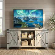 Homall Farmhouse TV Stand, Rustic Brown Wood, Barn Door Storage, Cable Management, Fits TVs up to 65 in