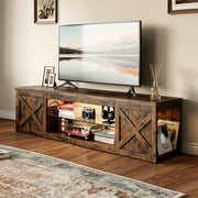 HOMRELEXA Farmhouse TV Stand for TVs Up to 65 in, Brown Burned Wood Finish, Adjustable Glass Shelves, Open Storage Cabinet, RGB LED Lighting