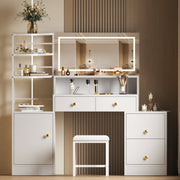 Eunon 398YEIUHF87ER Large Vanity Desk with Extra-Large LED Mirror, 3 Color Modes, Adjustable Brightness, Built-In Power Strip, Storage Shelves, 5 Drawers, White with Padded Stool