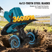 RELOIVE Cordless Electric Garden Tiller Cultivator, 21V 550W Brushless Motor, 2 x 4.0Ah Batteries, 4 Manganese Steel Blades, 7.9in Tilling Width, Adjustable Handle