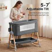 HARPPA 3-in-1 Baby Bassinet Bedside Sleeper with Adjustable Height, Breathable Mesh Sides, Mosquito Net, Storage Basket, Gray, XYT607