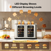 Patbrela Toaster 4 Slices, Stainless Steel, Touch LCD Screen, Dual Independent Controls, Digital Timer, 7 Shade Settings, Wide Slots, Removable Crumb Tray, ST002