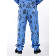 Hija De Tu Madre Unisex Carpenter Pants, Dutch Blue, Sacred Heart Graphic, 100% Cotton Twill, Relaxed Fit, Adjustable Waist, XS-3XL