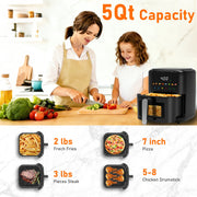 Vaparinckl 5QT Air Fryer, 8-in-1 Electric Hot Oven with Digital Touch Control, Visible Window with Interior Light, Nonstick Dishwasher Safe Basket, Black