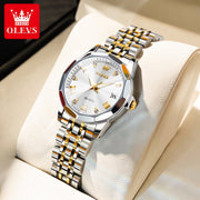 OLEVS 99W-31 Luxury Womens Watch, Diamond Accented White Dial, Two Tone Gold Plated Stainless Steel, 27mm