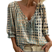 Generic Women's Polka Dot Lace Up Blouse, Abstract Geometric Print, Adjustable Ruffle V-Neck, Lightweight 3/4 Puff Sleeves, Soft Breathable Polyester