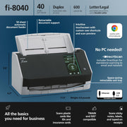 Ricoh Fi-8040 Document Scanner, 50-Sheet Auto Feeder, 600 dpi Duplex, 4.3-Inch Touchscreen, USB Ethernet Connectivity