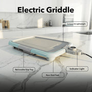 Ovente Electric Griddle, 16 x 10 Inch Non-Stick Cooking Surface, Adjustable Thermostat, Portable Indoor Grill, Blue, GD1610LBL