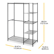 Whitmor Double Rod Closet with 5 Shelves, Heavy-Duty Steel Frame, Matte Black, Portable Closet Organizer, 6898-11296