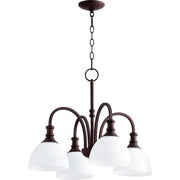 Quorum Richmond 4-Light Dinette Chandelier, Transitional Design, Oiled Bronze Finish, Satin Opal Glass Shades, 23 in Wide, 6211-4-86