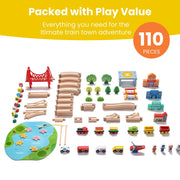 Tiny Land WT0007 110-Piece Wooden Train Set with Tracks, Building Blocks, Puzzles, Magnetic Fish Toys, Multicolor, Ages 3-7