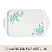 The Pioneer Woman Agatha Rectangular Stoneware Baker with Multifunctional Platter Lid, 9 x 13 in, Green Floral PWS519709304004