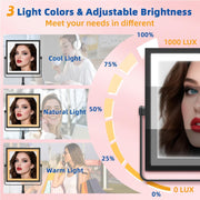 Ruacq 290-B Rechargeable Makeup Mirror, 4000mAh Battery, Lighted Vanity Mirror with 1X/10X Magnification, 3 Adjustable Color Lights, Brightness Control, Height Adjustable, 360 Rotation, Matte Black