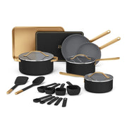 Drew Barrymore 21-Piece Ceramic Nonstick Cookware Set with Aluminum Pots, Pans, Bakeware, and Silicone Kitchen Tools, Thyme Green - Durable