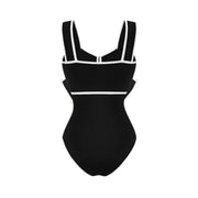 Flaxmaker Women One-Piece Swimsuit Two-Piece Set, Black and White Bow-Tie Cut Out, Polka Dot Print, Padded Bra, Umbrella Skirt