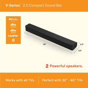 VIZIO V20-J8 V-Series 2.0 Compact Home Theater Sound Bar with DTS Virtual:X, Bluetooth, Voice Assistant Compatible, Includes Remote Control