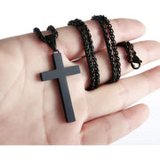 APSVO Black Stainless Steel Cross Necklace for Men Boys, 18 Inch Wheat Chain, Catholic Christian Religious Jewelry