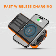 Yelomin Solar Power Bank, 49800mAh Portable Charger with Built-In 3 Charging Cables, Wireless Charging, Dual LED Flashlights, Waterproof, Durable for Outdoor Camping and Hiking