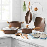 The Pioneer Woman PWS542769314491 Prairie Signature 14-Piece Cast Aluminum Cookware Set, Brown Speckle, Nonstick Interior, Glass Lids, Acacia Utensils