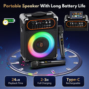 JYX S68-WM-ZLX Karaoke Machine, Portable Bluetooth Speaker System with 2 UHF Wireless Microphones, 6.5-Inch Subwoofer, DJ Lights, Reverb Adjustment, 24-Hour Battery, Black