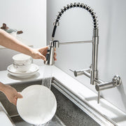 GULICA Wall Mount Kitchen Faucet, 8 Inch Center, Pull Down Sprayer with Three Functions, Commercial Style, Brushed Nickel