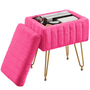 ZUNMOS Ottoman Vanity Stool Chair with Storage, Modern Rose Red Faux Fur Seat, 4 Metal Legs with Non-Slip Feet