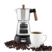 Gourmia Electric Moka Pot Espresso Maker, 3-6 Cup, 550W, Silver with Beech Handle, GMP1460