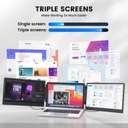 Tlscon TZP-S3 Portable Monitor, 14.1-Inch IPS Triple Screen Extender, Full HD 1920x1080, Foldable Adjustable Stand, Black