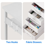 Sofanext Reversible L Shaped Desk with Built-in Power Outlets, Four Drawers, Iron Hooks, Waterproof Wood and Iron Frame, Pure White, 53 in