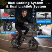 AOVOPRO Electric Bike, 500W Brushless Motor, 48V Detachable Lithium Battery, 14 in Mini Folding Ebike with Dual Adjustable Seats, Hydraulic Shock Absorbers, Disc Brakes, Black, EB60