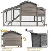 PETSCOSSET Chicken Coop with Run, Large Wooden Chicken Tractor with Wheels, Waterproof Asphalt Roof, Gray, Suitable for 2-3 Chickens 01-GREY-WHITE-WHEEL