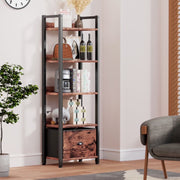 Satifur HK-BS-00 5 Tier Bookcase with Removable Drawer Tall Standing Storage Shelves, Rustic Brown