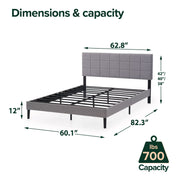Mainstays Gray Upholstered Square Tufted Platform Bed, No Box Spring Needed, Queen