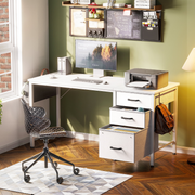 Casacomoda Computer Desk with Fabric Drawers and File Cabinet, Reversible Design, White