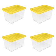 Sterilite 5075-9Y 27 Gallon Industrial Box  Rugged Clear Plastic Storage Bin  Snap-on Lid  Black/Yellow 4 Count
