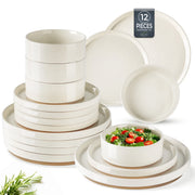 AmorArc Ceramic Dinnerware Set for 4, Speckled Stoneware Plates & Bowls w/Unglazed Terracotta, Beige, 12-Piece