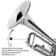 EastRock Bb Trumpet, Nickel-Plated Brass Body, Precision Piston Valves, Adjustable Third Piston Finger Ring, 7C Mouthpiece, Complete Pro Care Kit