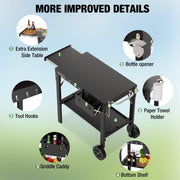 PARGRILL Two-Shelf Folding Grill Cart Table, Heavy-Duty Carbon Steel, Rust-Resistant, Pull-Out Side Table, Large Wheels, Compatible with 17
