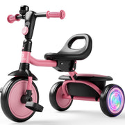 Besrey Toddler Tricycle with Adjustable 4-Position Seat, Motion-Activated Flashing LED EVA Foam Wheels, Bell, Foldable Handlebar, Pink, Ages 18 Months to 5 Years, BSR-KSE08