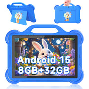 YQSavior Android 15 Kids Tablet, 10.1 Inch IPS HD Display, 8GB RAM, 32GB ROM, Quad-Core 1.8 GHz Processor, Parental Control, Dual Cameras, Blue, Includes Case and Type-C Cable