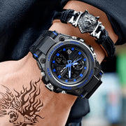 Findtime Men's Military Wristwatch, Dual Time Zone, LED Stopwatch, Waterproof, Blue Dial, Quartz Movement, 739blue