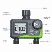 RainPoint Programmable Sprinkler Timer, 2-Zone Automatic Irrigation Controller, Waterproof ABS, Large LCD Display, Green, ITV205