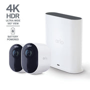 Arlo Ultra Security Camera 4K HDR, 3rd Gen, Wireless Outdoor, Battery Powered, SmartHub Included, AI Detection, 180 Field of View, 2 Cameras, White, VMS5250-100NAS