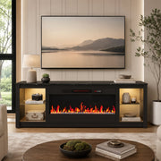 Bestier Fireplace TV Stand, 70 Inch, Supports TVs up to 75 Inch, 36 Inch Electric Fireplace with LED Lights, Adjustable Shelves, Black