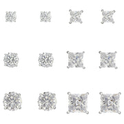 Unbranded Button Earrings Sterling Square and Round Cubic Zirconia, 6pk Silver/Clear