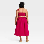 A New Day 94978524 Women's Constructed Flower Midi Dress, Cotton-Linen Blend, Dark Pink, Adjustable Waistband, L