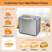 Bluebow 25-in-1 2LB Bread Machine with Auto Fruit/Nut Dispenser, Stainless Steel